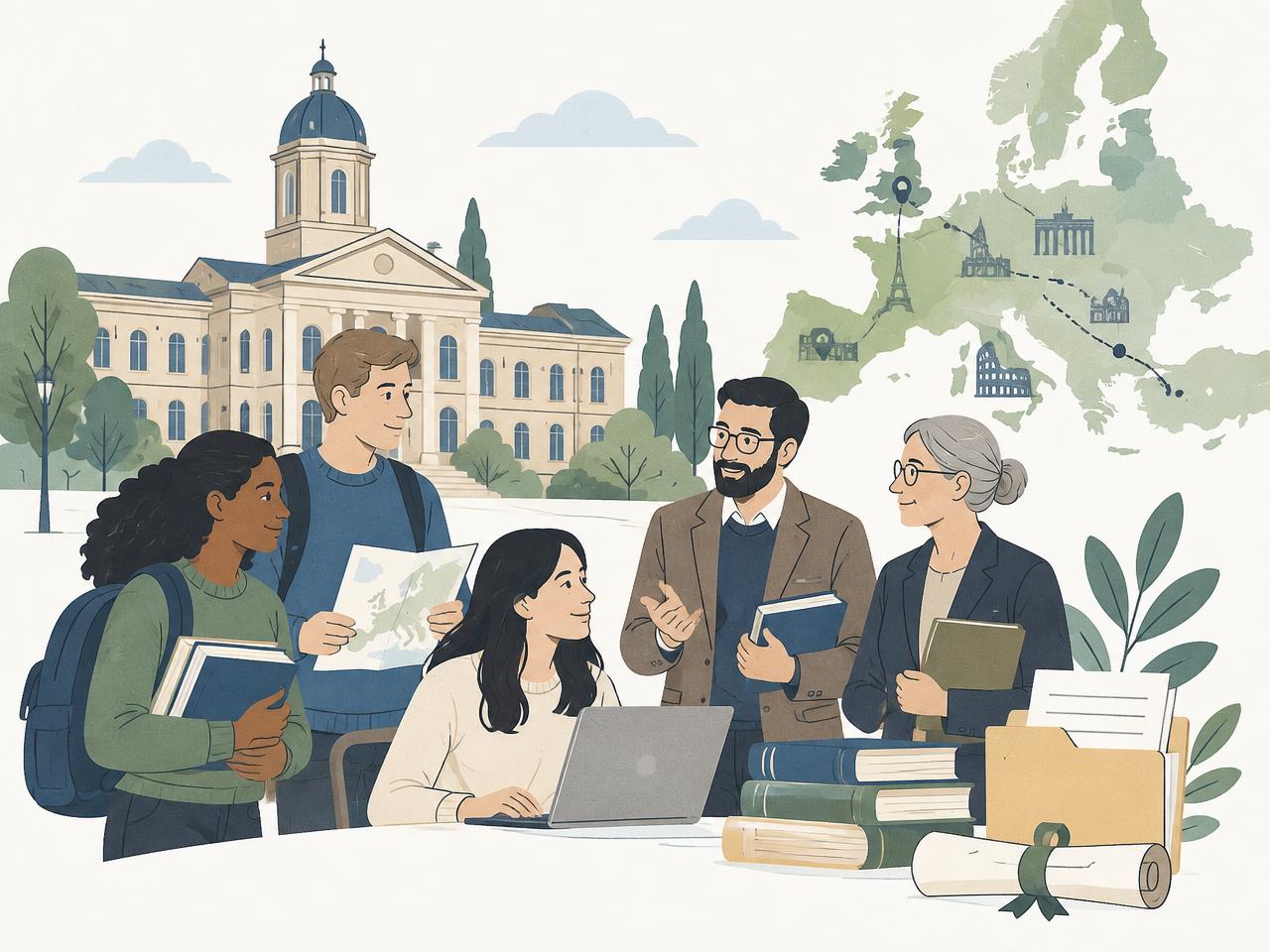 Illustration of students and academics with books, a laptop and application documents in front of a European university building and a map of Europe